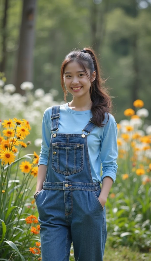 An incredibly charming carrying a backpack, accompanied by her adorable puppy, enjoying a lovely spring outing surrounded by beautiful yellow flowers and natural scenery. The illustration is in high definition at 4k resolution, with highly-detailed facial features and cartoon-style visuals, (Butterfly Dance)