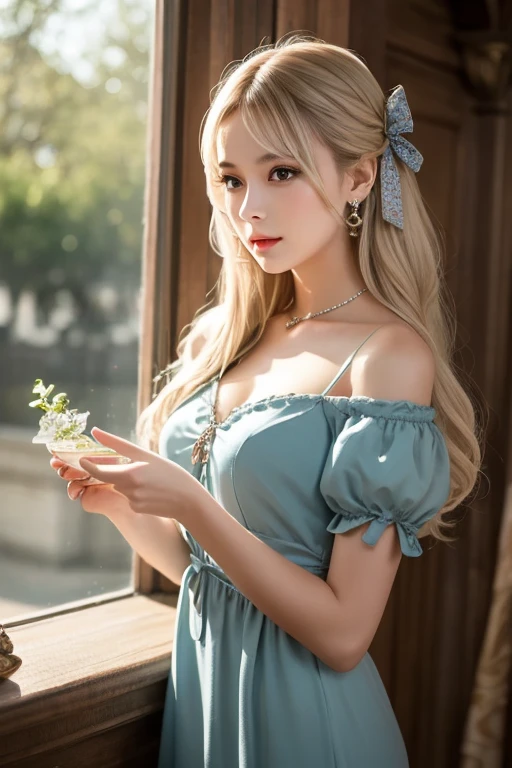 ((best quality, 8K, masterpiece :1.3)), sharp focus :1.2, Beautiful woman with perfect body :1.4, slim abs :1.2, ((big bust, emphasize division:1.3)), (Photorealistic:1.4), (realistic:1.4), Highly detailed face and skin texture, fine particles, double eyelid. makeup face. A little lipstick, Luxury hotel bedroom in the background, necklace, earring, Sex appeal, sexy etching pose, ((Woman wearing random colored summer dress、She is smiling happily and striking a sexy pose while enjoying a picnic with her friends in the garden...。Blonde wavy hair is swaying gracefully。:1.3), long, shapely legs