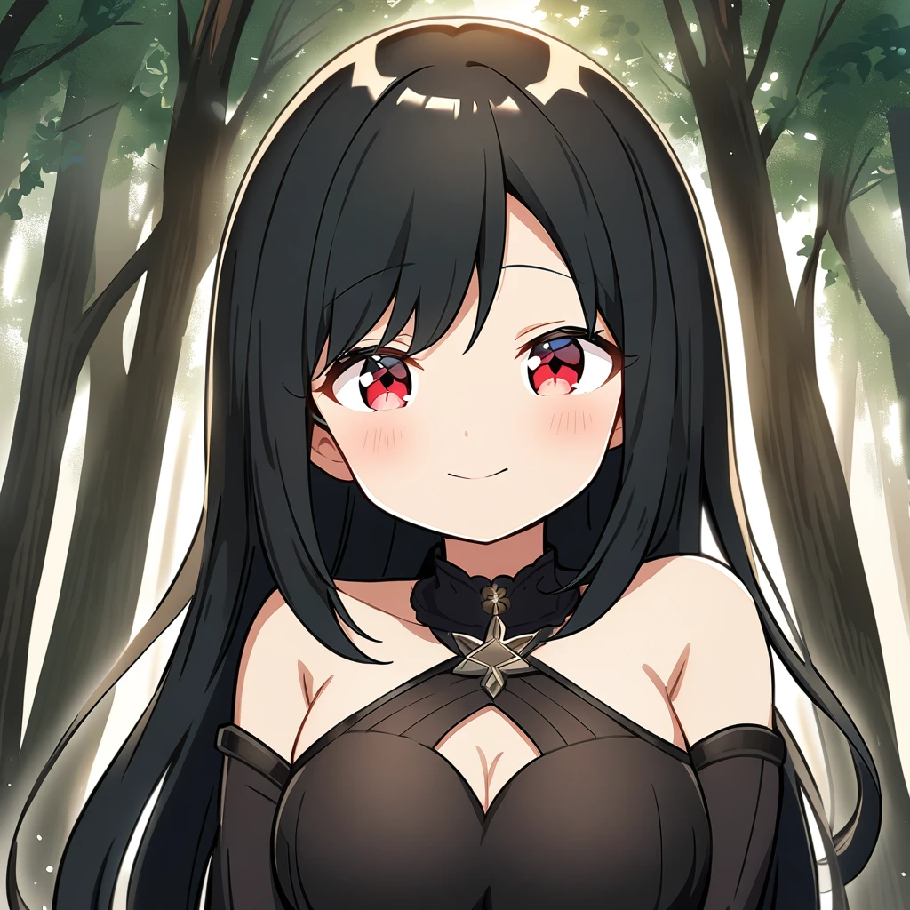 Mujer, cabello negro largo, ojos que transmiten poder, morena, punto rojo debajo del ojo izquierdo, dos lunares en la mejilla izquierda, atractiva, en el bosque