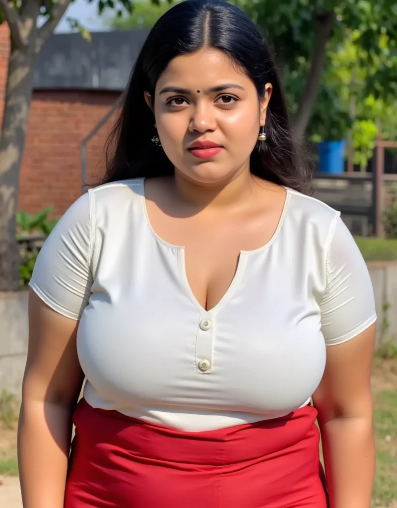 , female, Indian, light brown skin, curly short black hair, dense long black pubic hair, big expressive eyes, light brown pupil, very fat body, big fat belly, big fat thighs, big breasts, mini skirt, t shirt with large neck, standing in a street