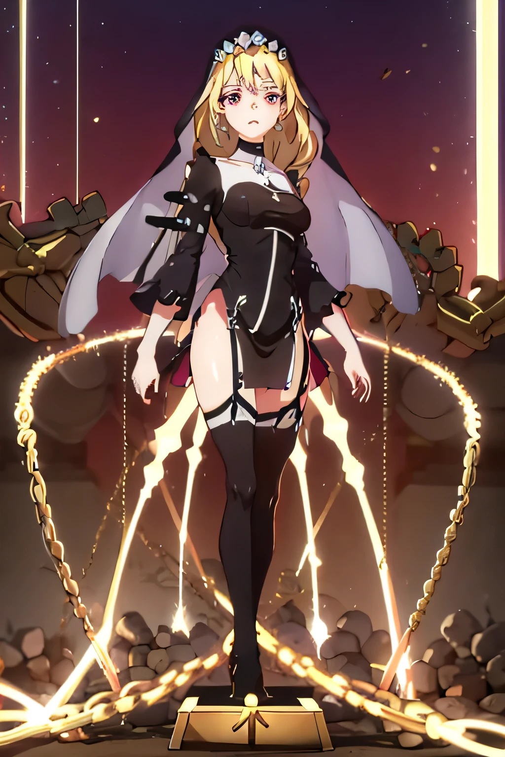 (masterpiece), (stands on a pedestal:1.5), full body, (a girl), marin kitagawa, marin kitagawa, blond hair, choker, ear piercer, earrings, long hair, perforante, (red eyes), straight hair, swept bangs, black tie, (wedding dress, Bridal veils), neckline, looking at the spectator, (detailed eyes), face, (perfect hands, perfect anatomy), against a clean white background, illuminated by artificial light, front camera shot, general plane