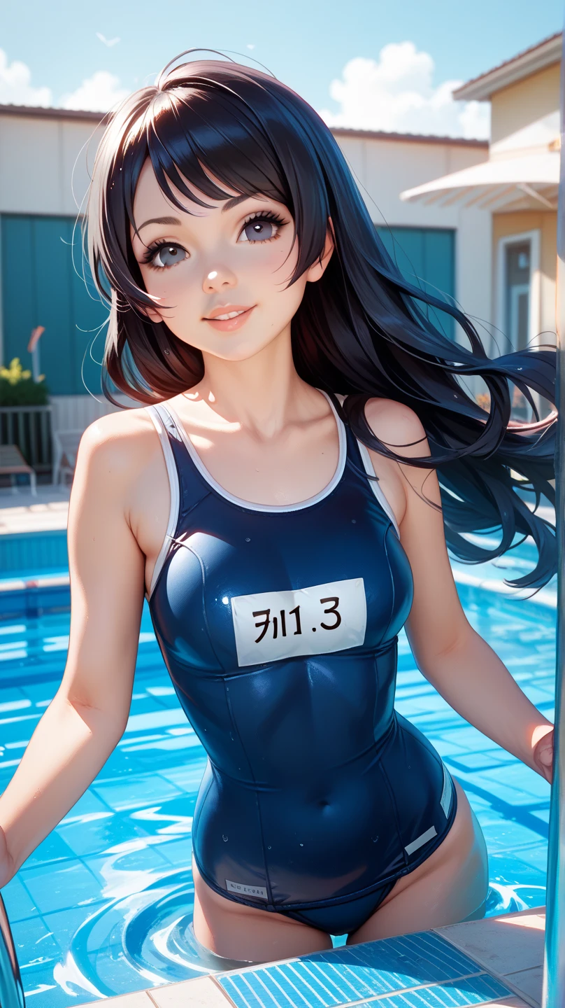 (4K,masterpiece,Highest quality,Super detailed),Front shot,View your viewers,(alone),(Full page of beautiful woman),((30 years old)),Medium Hair,Straight long hair,Brown Hair,(Beautifully detailed face,Beautiful attention to detail,Detailed glossy skin,Beautiful little hips),A light smile,shy,Mid-chest,(One piece school swimsuit),(Accentuate your body lines),(At the school pool),tsurime,Slanted Eyes,