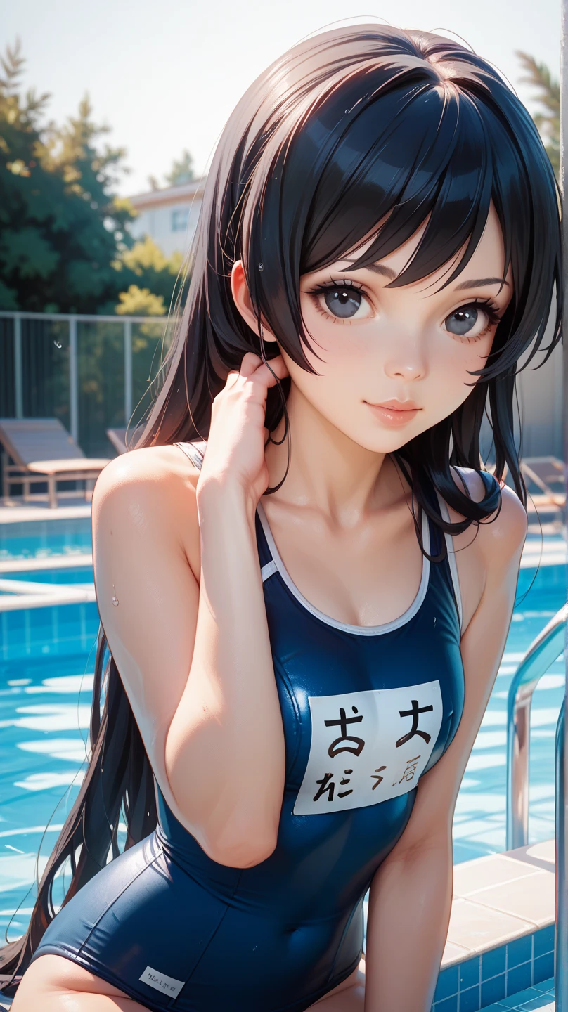 (((masterpiece))),(((High resolution)))、(((8K)))、(((perfect face)))、(((beauty of japan)))、15 years old、(((beautiful face))), ((swimsuit)), (((black competitive swimsuit))), embarrassed look, look at the camera、((top quality eyes)), ((detailed texture)), ((high resolution face)), (at the pool)
