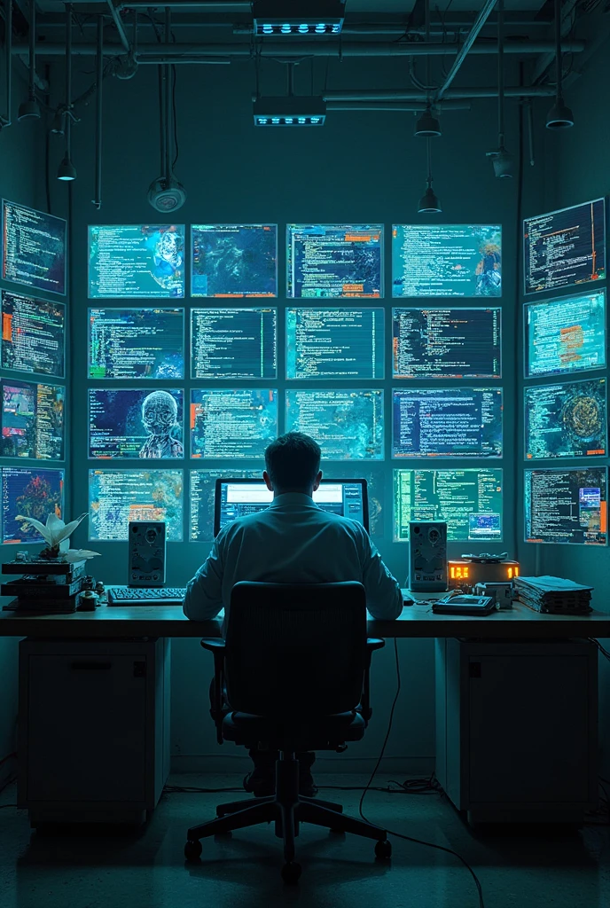 Dr. Aryan’s Dark Laboratory
"A dimly lit underground lab filled with holographic computer screens displaying rapidly scrolling code. Dr. Aryan, a determined scientist, sits at his desk, his eyes reflecting excitement and fear as he prepares to activate his AI creation."