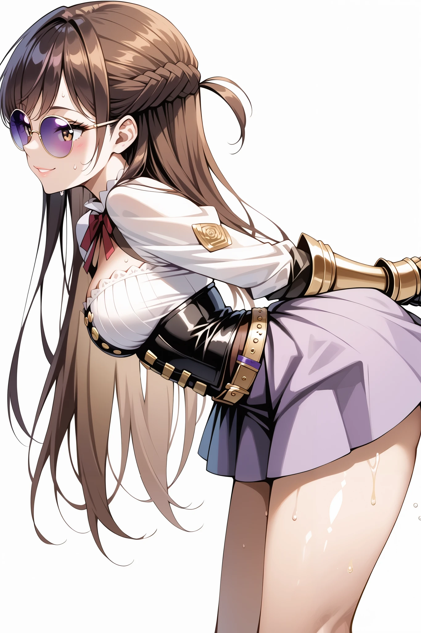 score_9, score_8_up, score_7_up, source_anime, 4K,perfect fingers,(perfect hands, perfect anatomy),prefect lighting, very aesthetic, intricate details,highly detailed background, masterpiece, high quality, best quality,
1girl,solo,chizuruichinose, chizuru ichinose, long hair, bangs, brown hair, brown eyes, one side up, ,large breast,
wearing ((dark purple, black, and gold costume. black Corset, outfit includes several layers of fabric in various shades of purple and black, gold belt, skirt section is layered and patterned, giving a sense of depth and volume, gauntlets, )),
((white plain background)),looking at viewers, sweating, Standing, cowboy shot, filed, Arms Behind Back, high thigh individual , ((leaning forward:1.5)), ((Seductive smile)),((side view:1.5)),
