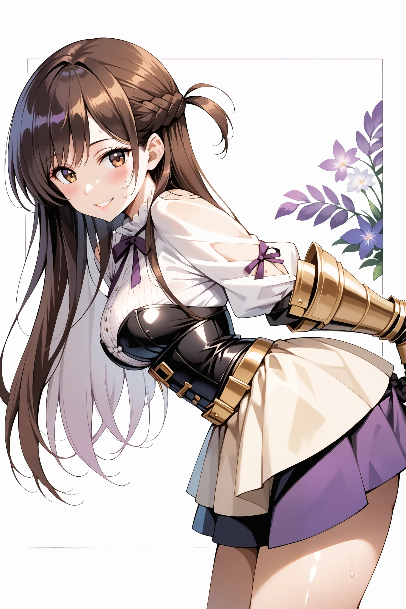 score_9, score_8_up, score_7_up, source_anime, 4K,perfect fingers,(perfect hands, perfect anatomy),prefect lighting, very aesthetic, intricate details,highly detailed background, masterpiece, high quality, best quality,
1girl,solo,chizuruichinose, chizuru ichinose, long hair, bangs, brown hair, brown eyes, one side up, ,large breast,
wearing ((dark purple, black, and gold costume. black Corset, outfit includes several layers of fabric in various shades of purple and black, gold belt, skirt section is layered and patterned, giving a sense of depth and volume, gauntlets, )),
((white plain background)),looking at viewers, sweating, Standing, cowboy shot, filed, Arms Behind Back, high thigh individual , ((leaning forward:1.5)), ((Seductive smile)),((side view:1.5)),