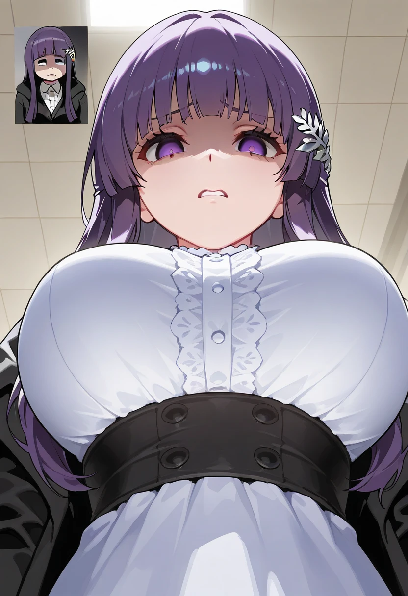 masterpiece, best quality, obese kafka, purple eyes, obese body, sunglasses on head, collared shirt, black shorts, pantyhose, upper body, (huge breasts:1.6), looking at viewer, furrowed brow, angry