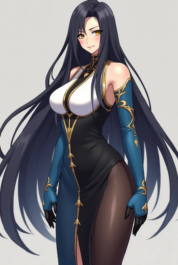 (masterpiece, best quality:1.2), expressive eyes, perfect face, highres, 1girl, solo, (female:1.5), issei_hyoudou, long hair, blue dress, full body dress, make-up, earrring, long gloves, black leggins, blushing, nervous, standing, portrait, looking at viewer
