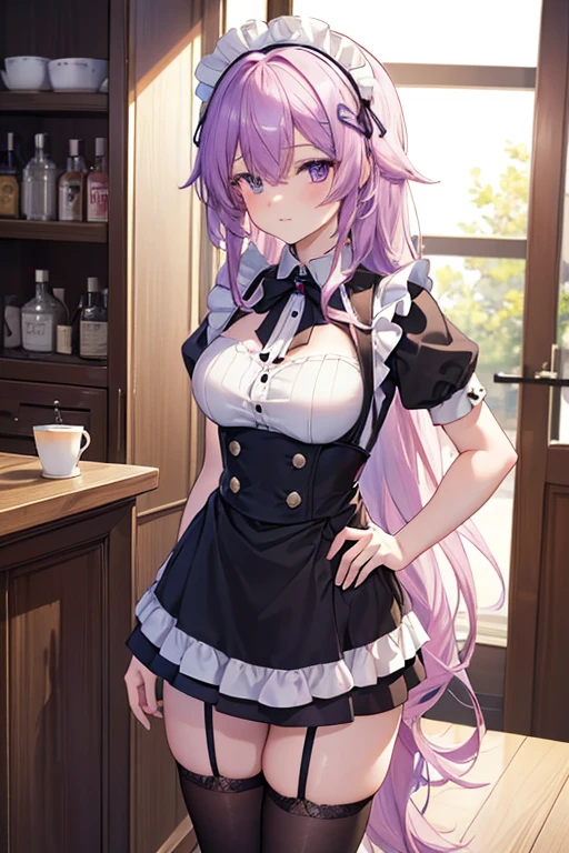 (Cute a steampunk girl:1.5), (masterpiece:1.3), anime visual, (Lovey-dovey:1.5), (tilt head:1.3), extremely delicate face, soft clean focus, realistic lighting and shading, (an extremely delicate and beautiful art:1.3), elegant, (muted colors:1.1),(a  girl with blue purple wavy hair and blunt bangs hair ,black and green eyes:1.4), A coffee shop with a retro atmosphere, a coffee shop counter, a girl brewing coffee with a siphon, a smile, a white brim, a maid's uniform, skirt hold,skirt lift,White panties over a garter belt,