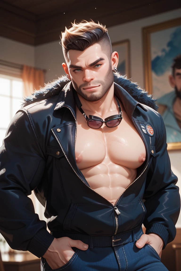 Young man, 26 years, muscular, with a scar on the left side of the face, with blue eyes, latin features, rectangular head, beard with sideburns, short silver hair, trapezoidal body, Bulging crotch, wearing duke's clothes, wearing golden laurel wreath, tanned skin, posing standing, fully visible body