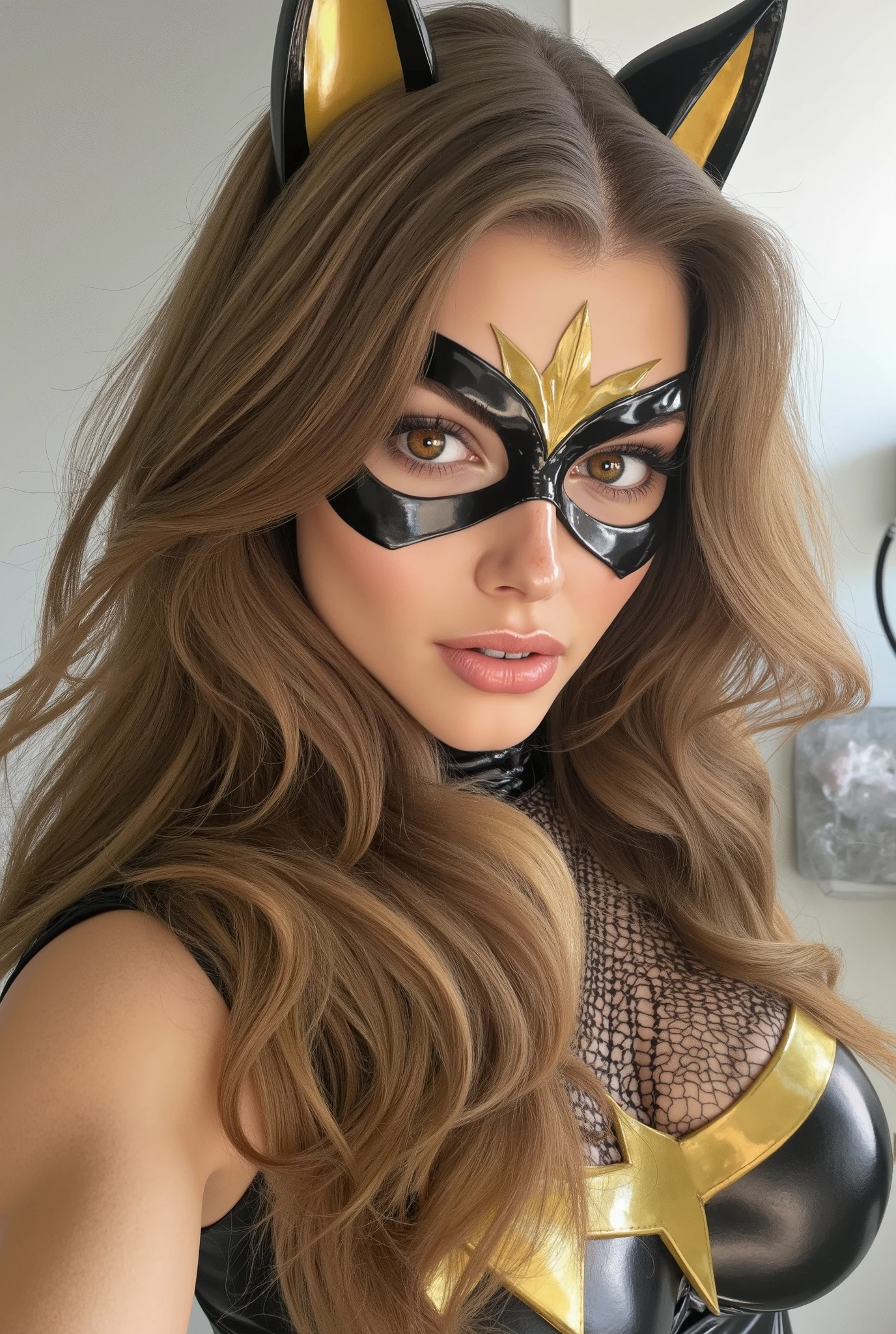 (best quality,4k resolution,ultra-realistic,very detailed) cat themed superheroine has long light brown hair, domino mask, metallic golden hairband , amber eyes, and wears fishnets, gold and brown leotard outfit full body, l
