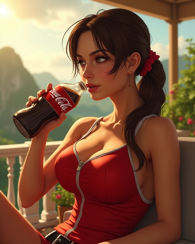 style realistic dream painting, beautiful young happy very beautiful girl, blue charming eyes, sophisticated face, medium size prominent bust and ass, brown black long hair, very tight red sleeveless tank top, sitting behind the table on the terrace, drinking cocacola, summer, evening , lake' (airbrush painting, detailed style), soft lighting, 8k