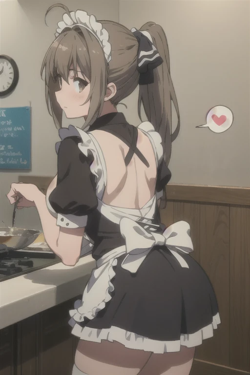 score_9, score_8_up, score_7_up, rating_explicit, 1girl, solo, honoka mitsui, mahouka koukou no rettousei, mitsui honoka, purple eyes, brown hair, medium hair, twintails, low twintails, large breasts, maid, maid headdress, detached collar, bikini, maid bikini, frills, apron, frilled apron, maid apron, waist apron, detached sleeves, shoulder blades, skirt, miniskirt, thighhighs, skindentation, backboob, upskirt, underwear, panties, crotch seam, blue panties, pantyshot, all fours, from behind, ass focus, looking at viewer, looking back, simple background, white background, blush, nose blush, confused,