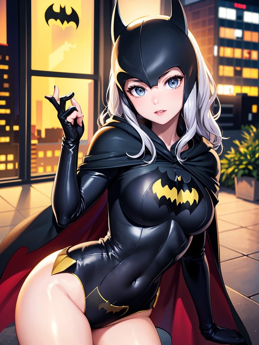 Batman vermelha e branco, Batman symbol on clothing,focus on details of the symbol and fantasy (Unity 8K CG wallpaper with extreme details, work of art, highest quallity), Batman detailed with red white colors, Batman,mulher Batman vermelha e branco, feminine,long hair,elegant bed, enhanced details, sinister grin,Caucasian skin