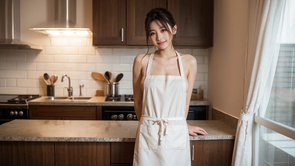 8K,(Raw photo),(Best Quality),( (masutepiece:1.5)),(ultra-detailliert),(超A high resolution,),( (Realistic, photo Realistic:1.5)),(extremely detailed, 8K wallpaper),(extremely detailed beautiful woman in her 30s),(extremely detailed face, extremely),(Take beautiful full body photos),(Detailed eyes, extremely detailed skin),(extremely detailed fingers),(extremely detailed nose),(Girls here are styling their straight hair),(she gave a shy smile),(she wears an apron over naked),(The background is a typical Japanese style kitchen)