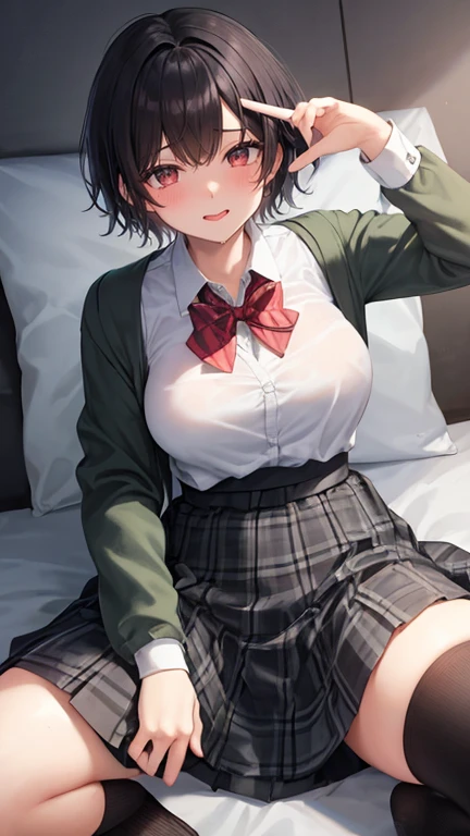 A girl with short fluffy light brown hair, dark green eyes, not so big breasts, school clothes and little uncovering.