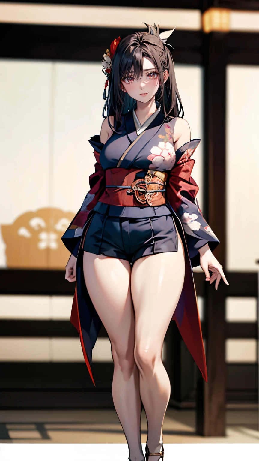 make me a female character with a manga or anime theme with no background, the character has long black hair, beautiful black eyes, smooth and soft cheeks, and a typical Japanese , as well as an ideal body shape.