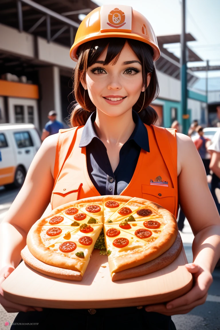 (masterpiece), (best quality), HDR, intricate detail, 1girl, individual focus, woman, light brunette white skin, skindentation, perfect face, gorgeous face, big eyes, orange eyes, perfect eyes, eyelashes, black hair absurdly long high ponytail, (((pizza delivery))), pizza box, employee badge, orange shirt with light blue, (((pizza delivery outfit)), hair ornament, Earrings