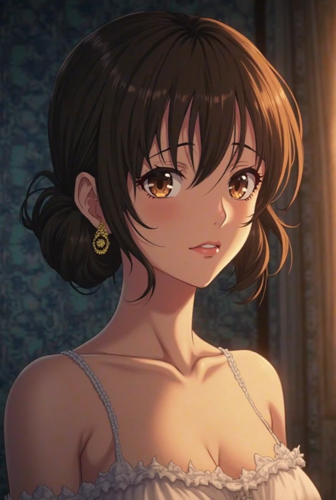 (A superb exquisite haruhi suzumiya), (haruhi suzumiya:1.5), (kyoani haruhi style Uniform:1.5), brown eyes, brown hair, natural straight hair, hairband, ribbon, straight bangs, solo, nature, extremely delicate, straight facial features, peerless beautiful girl, soft, (sensual face), ((ecchi face)), dreamy quality, exaggerated facial features, solid color, frank holly, delicate face, bright lips, slender waist, soft curves, real light and shadow, super fine, 4k, natural moving, Ultra high resolution, (masterpiece:1.2, best quality), (finely detailed beautiful eyes: 1.2), (beautiful detailed face), sexy semi-nude model, sexy pose, Ultra high definition white bra and panties, erect nipples,Medium chest, slender body, (bedroom), 