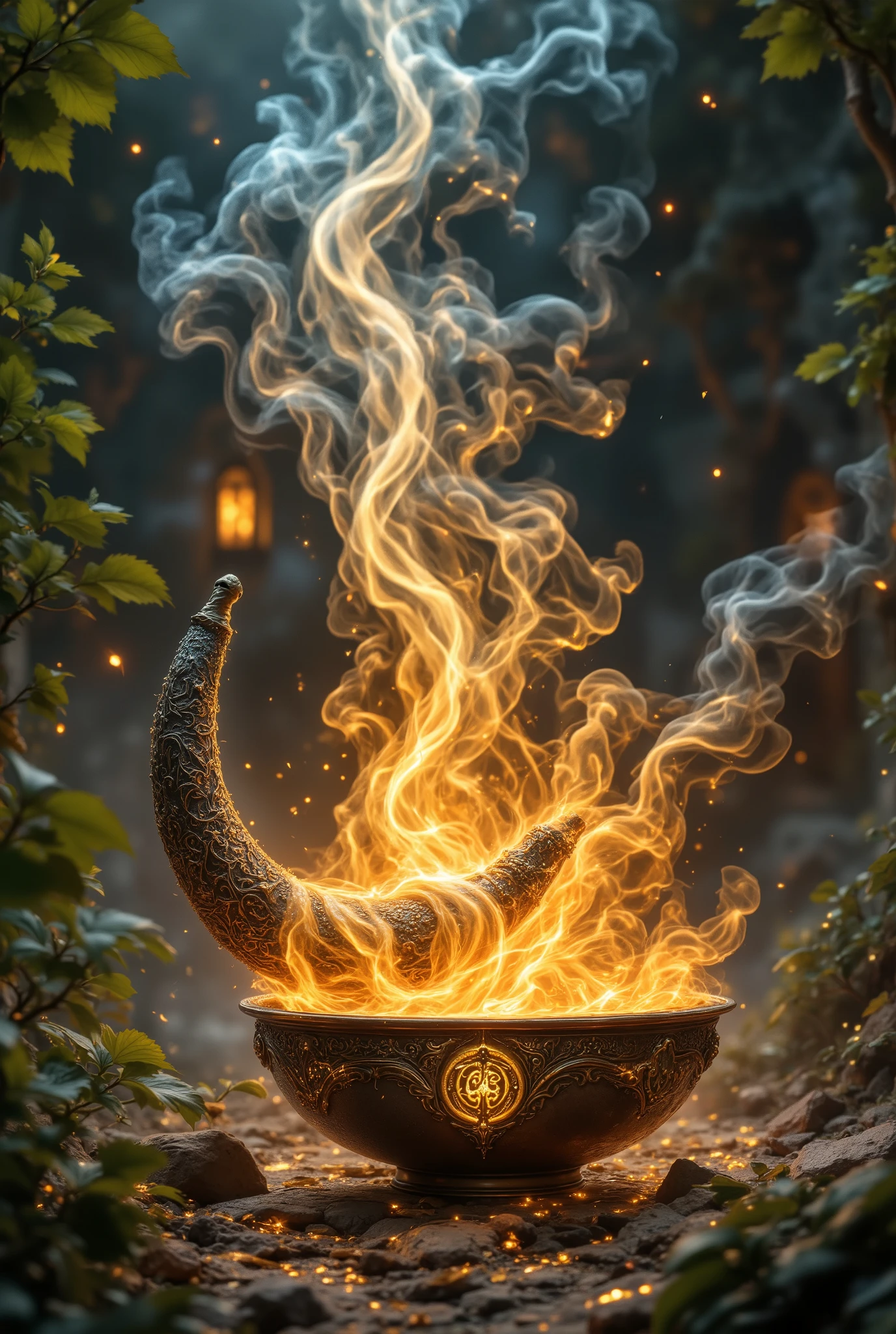 A beautiful horn with gold patterns and glowing smoke like an aura envelops him in magic and magic, fantasy style, Liquid in the form of silver sand flows from the horn into a small bowl of golden fire, Masterpiece, better quality, high quality, 8k, complex details, maximum quality, green leaves bloom near, beautiful magic, good details ,