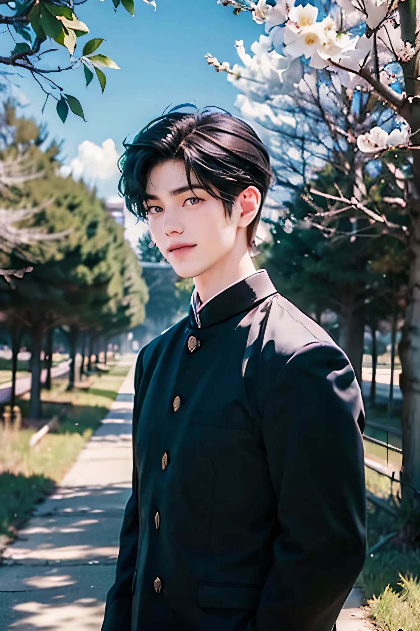 Japanese guy handsome Short cut Graduation Ceremony Under the cherry tree in the schoolyard Future city 100 years from now The school building is visible smile