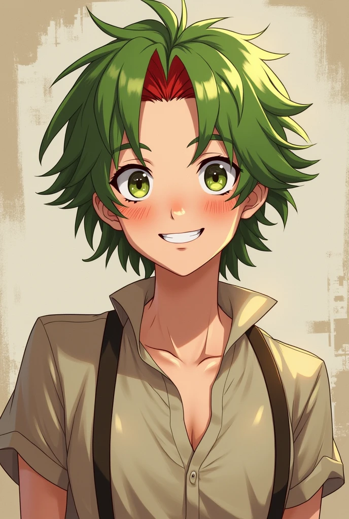 anime style. male character. A character named Kiwi Passion Fruit has half of his hair green, The second half is a mixture of red and white. He looks about , hair about shoulder length. He looks like he can't understand, what gender character, female or male, but in fact he's a guy. Kiwi is dressed in plain clothes, pure , but a rustic. In the photo, the character should smile with his teeth.