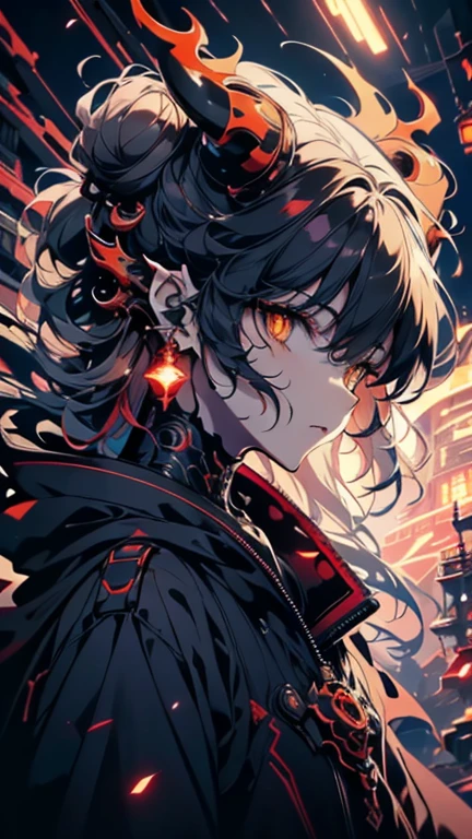 The image depicts a highly stylized and intricate character with a blend of traditional and futuristic elements. The character has a red, demonic mask with sharp, curved horns and glowing yellow eyes, giving it a menacing appearance. The mask is integrated into the character's face, revealing mechanical components and wires beneath. The character's hair is long and dark, tied in a messy bun, and they are wearing a dark, possibly black, cloak with a high collar. The character also has visible mechanical parts on their neck and shoulder area, suggesting a cybernetic or robotic origin. The background is plain and light-colored, which helps to highlight the character and their unique design.