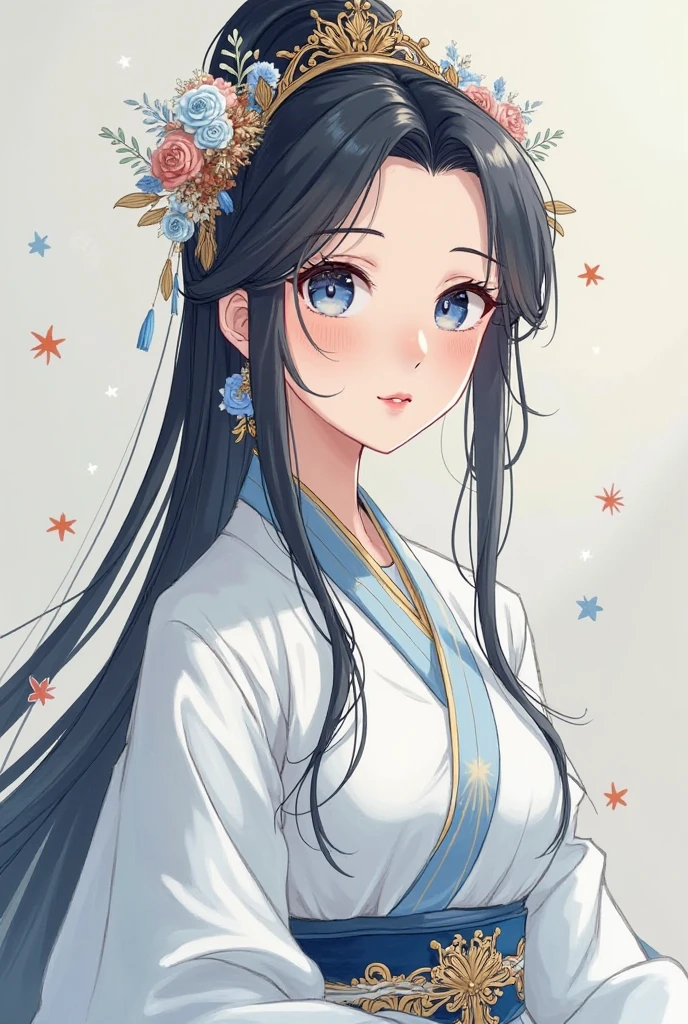 Dress White as the Main Color,Painting an Antique Wei Dynasty Girl,Pre-Lively Post-Blackening,Thoughtful,Kindness,Homecoming Revenge,Lowest Princess,Complementary Blue,Simple Hair Accessory in Gold, Dark Hair,anime style