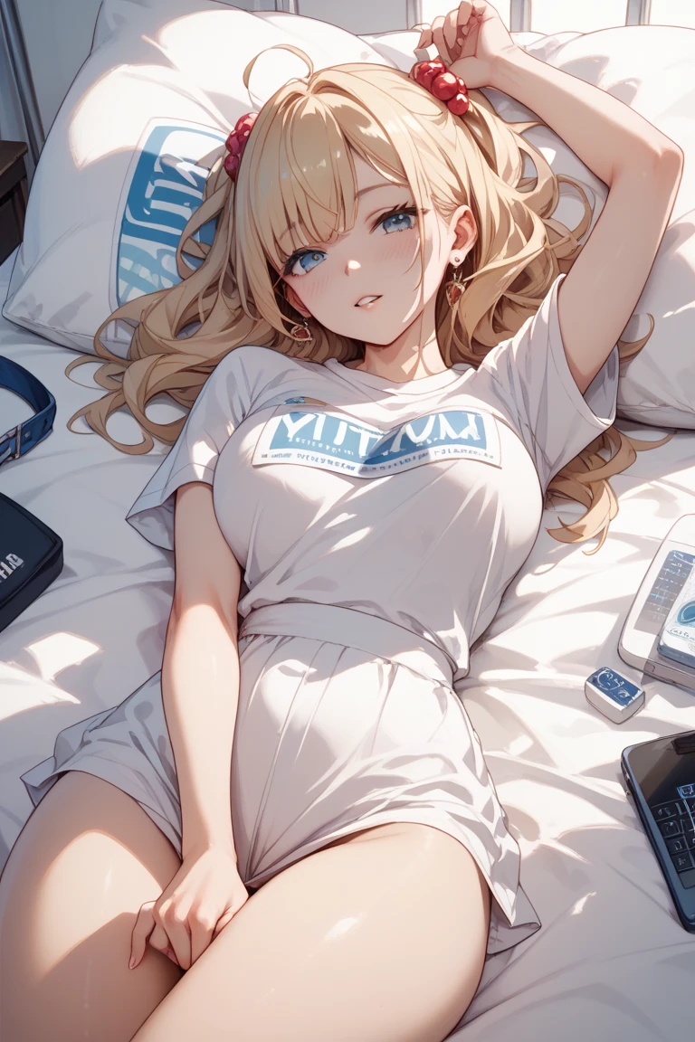 ultra-detailed,(best quality),((masterpiece)),(highres),original,extremely,    <lora:yingx_xl-000010:1>ï¼(\ying\), 1girl, breasts, condom, condom wrapper, solo, blonde hair, hair flower, flower, underwear, navel, lumine \(genshin impact\), hair ornament, panties, lying, looking at viewer, pillow, on back, large breasts, blush, armpits, cleavage, yellow eyes, white panties, parted lips, stomach, ass visible through thighs, sweat, collarbone, thigh gap, bangs, bare shoulders, on bed, head on pillow, arm up, thighs, crop top, long hair, white flower, phone, bare arms, sports bra, cellphone, cowboy shot, bed sheet, underwear only, short hair with long locks, arms up, midriff, sidelocks, lace trim, from above, black shirt, tank top, bra, smartphone