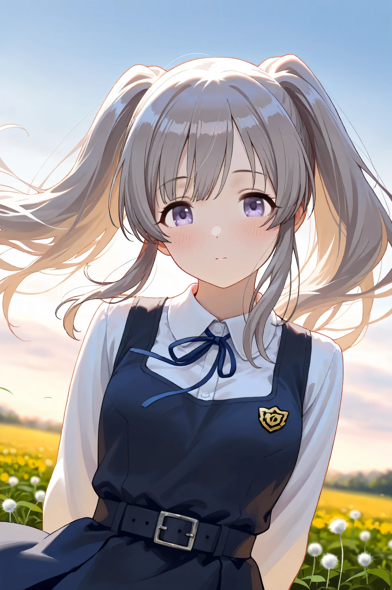(Masterpiece), (Highest quality), (Very detailed),
(The best shape), (Best Shadow), (Absurd),
(Detailed background), (So beautiful), Shiny ,
Beautiful eyes in every detail, Extraordinary, Countershading, 8k, 32K, High resolution,
Very Detailed CG,
Score_9, Score_8_up, Score_7_up, Source_anime,
(Pastel painting:1.2), (Watercolor painting:1.2),
(Masterpiece, Detailed:1.2), (Foreshortening:1.2),
Cinematic, Dramatic, (Depth of field:1.4),
(Blurry background:1.4), (Realistic background:1.4),
(foreshortening:1.3),
Dynamic angle,
1 girl,
Outdoor, Nature, Flower Field, Wind, (Dawn:1.2),
Dandelion, Dandelion fluff,
Yukoku Kirino,
the idolmaster shiny colors,
yukoku kiriko, Twin tails,
school uniform,
white shirt, collar shirt, slateblue ribbon, Long sleeves shirt,
One-piece dress, slateblue one-piece dress, belt,
portrait, close up shot,
(Blush:1.3),
Realistic skin,
Shiny skin,
Focus on face,