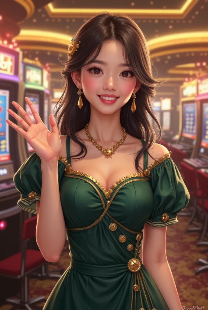 super detailed, extremely detailed, masterpiece, highest quality, best quality, sub surface scattering, (1girl:1.5), (solo:1.4), (smile:1.1), green hair , asymmetrical hair, asymmetrical bangs, ponytail, medium fringes, hair between eyes, brown eyes, eye reflection, detailed eyes, perfect eyes, rendered eyes, (looking at audience (1. 1), Dynamic pose, Dynamic angle, Full body, Detailed skin, Skin pores, Shiny skin, (Skin indentation: 1.2), Breasts, Hair flowing, Icon, Complex dress, Golden dress, Casino interior, People coming and going, Card table,, Chips, Money (Detailed background: 1.2), (Complex background: 1.2), Depth of field