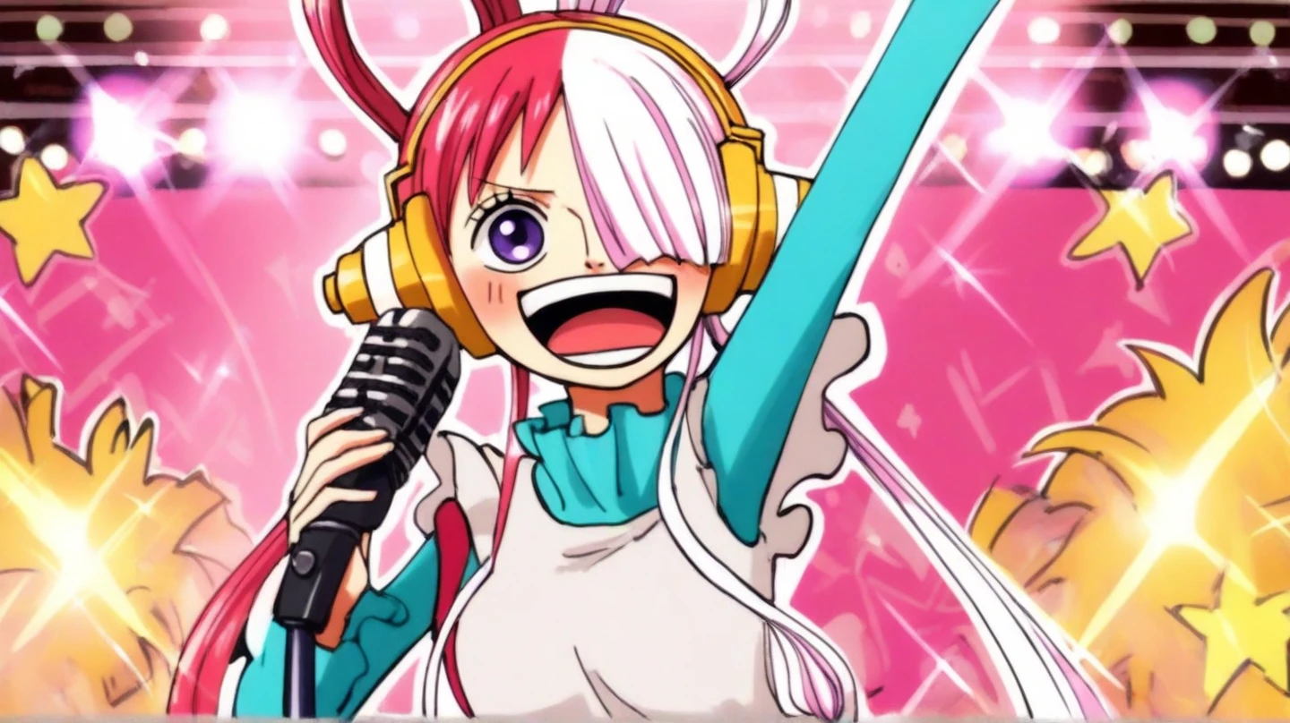 A vibrant, anime-style illustration of a girl with pink-and-white hair, large headphones, and a bright-turquoise full sleeves, singing into a vintage microphone;  a detailed, one piece anime character UTA, with 2D character design, and a star-filled stage background, evocative of a live performance.  a focus on an energetic, joyful atmosphere. Guitarists and drummers one the background, stage performance, lots of sparkling on appealing objects, wide view of full stage, blush on cheeks of vocalist, 