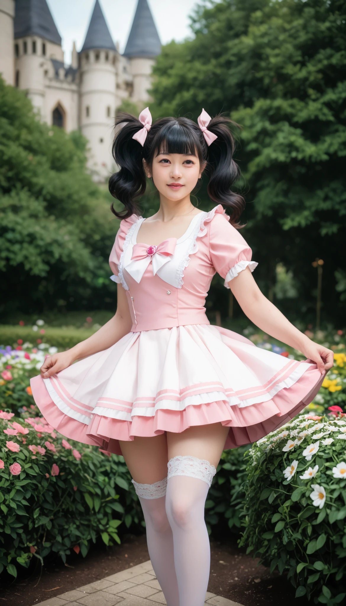 1 girl、running、 black hair、twin tails、blunt bangs, hair ribbon、pink、Magical Girl Clothes、miniskirt、ruffle dress, pinkのリボン, pinkチョーカー, layered skirt for two to spread legs, white stockings、pinkのハイヒール、flower garden with a view of the castle in the distance、from front,cowboy shot,looking at viewe