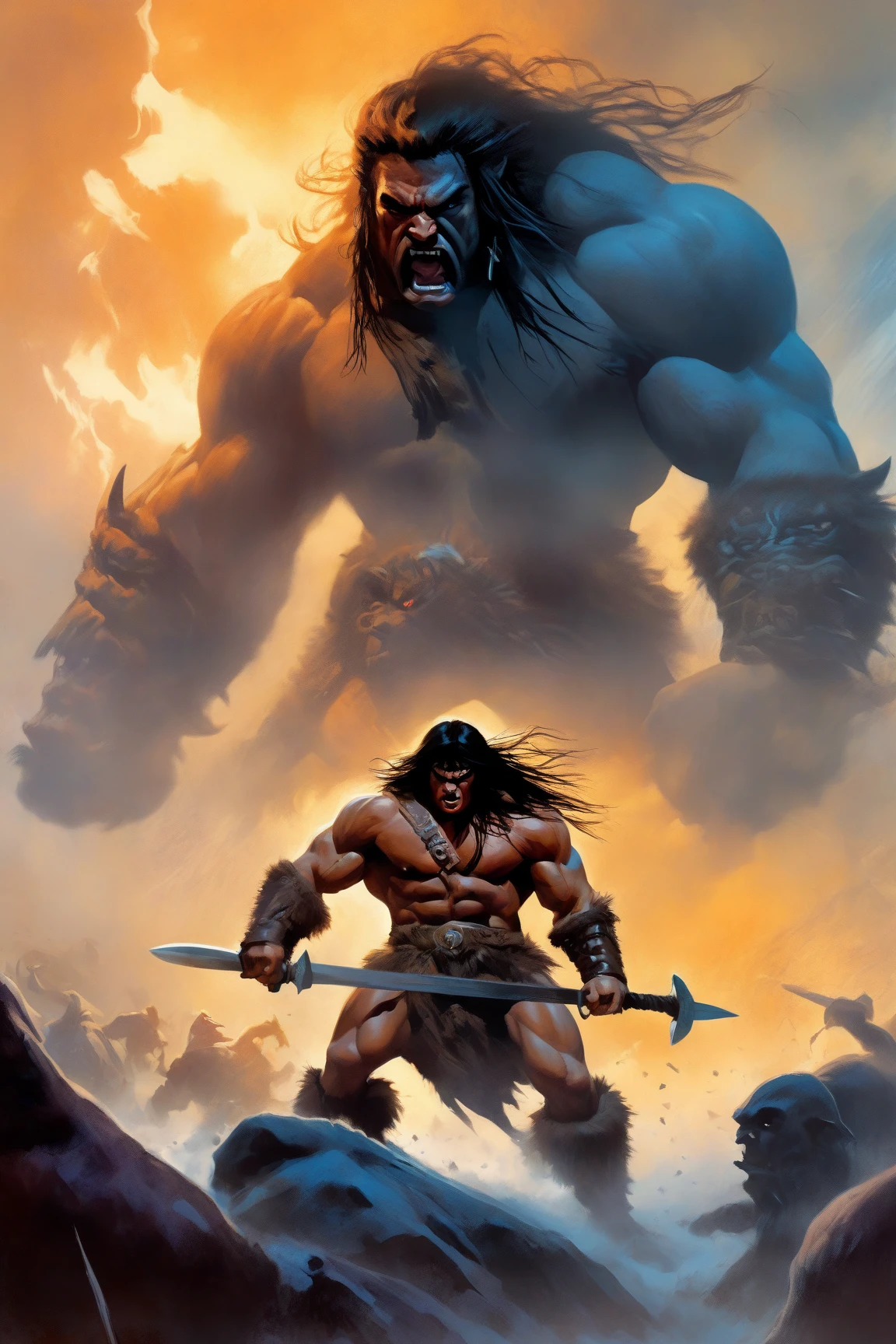 Legendary hero and Epic shield, by Frank Frazetta, fantasy, enhance, intricate, (best quality, masterpiece, Representative work, official art, Professional, 8k)