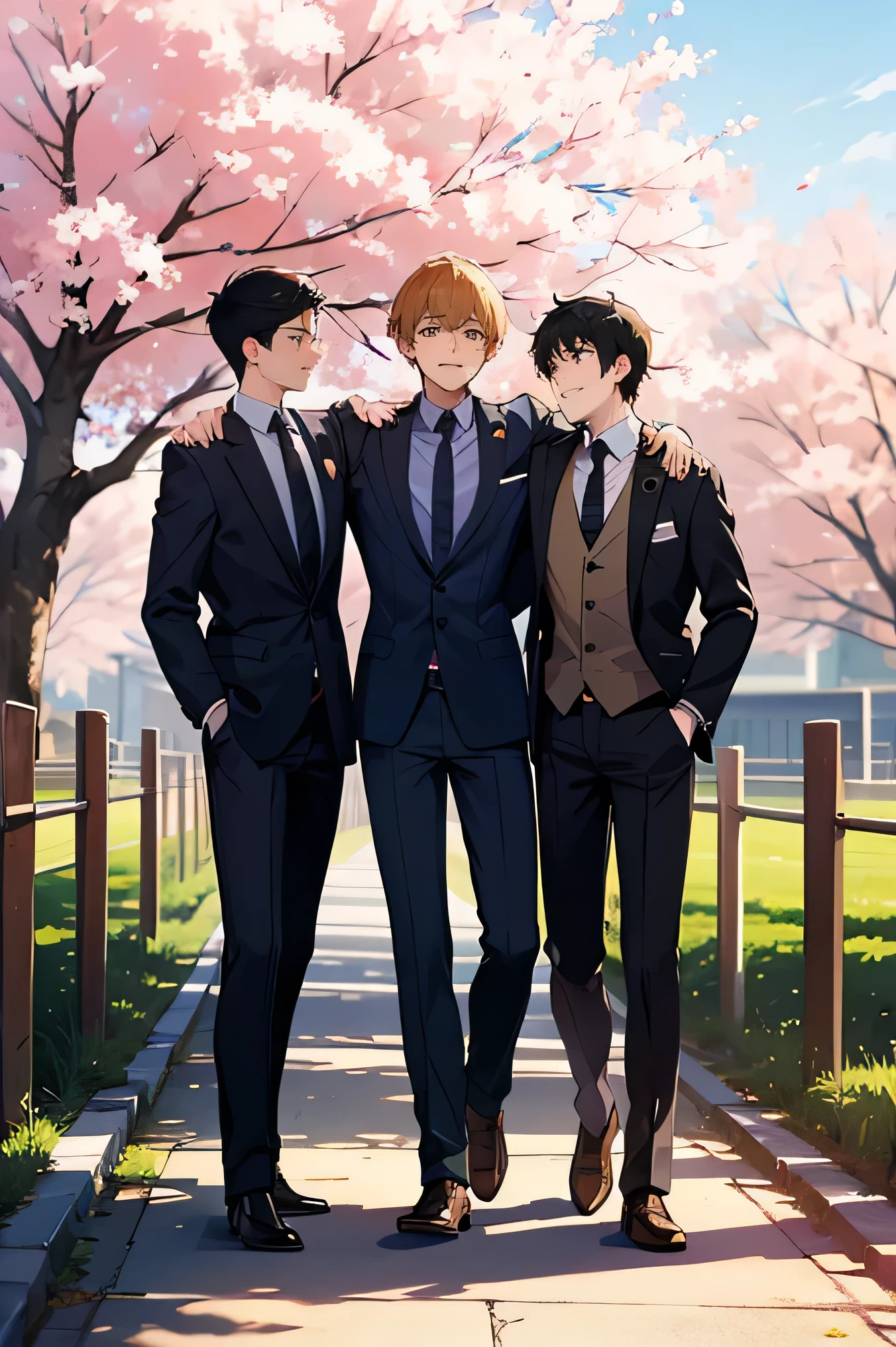 handsome guys in a group of 3 Short cut Graduation Ceremony Under the cherry tree in the schoolyard Future city 100 years from now The school building is visible Smiling and putting your arm around someone's shoulder