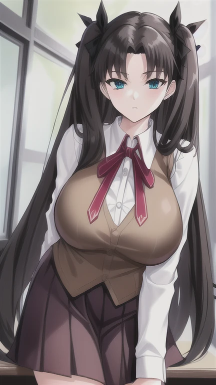 young girl, black hair on the outside and white hair on the inside, silver eyes,beautiful and detailed eyes, big breasts, long hair, sadistic smile, black shirt, white mini skirt, (classroom)