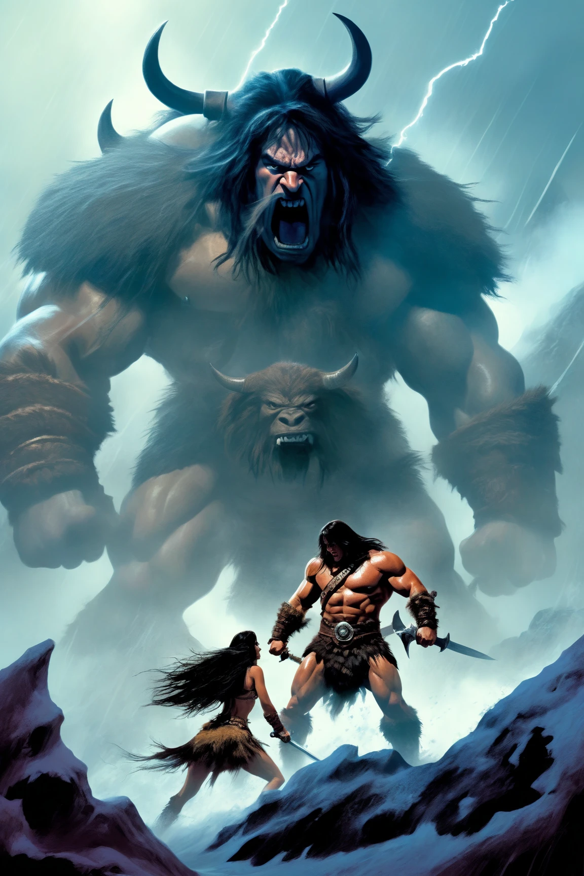 Extremely muscular man, chiseled features, washboard stomach, detailed hands, one thumb on each hand, four fingers on each hand, dark hair, detailed eyes, fierce expression, massive monster in the background, conan the barbarian, frank frazetta style painting,
