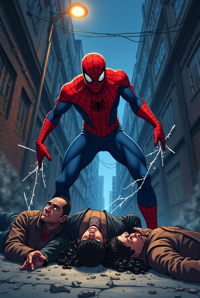Make a poster of Spiderman killing criminals and title it SpiderBlood