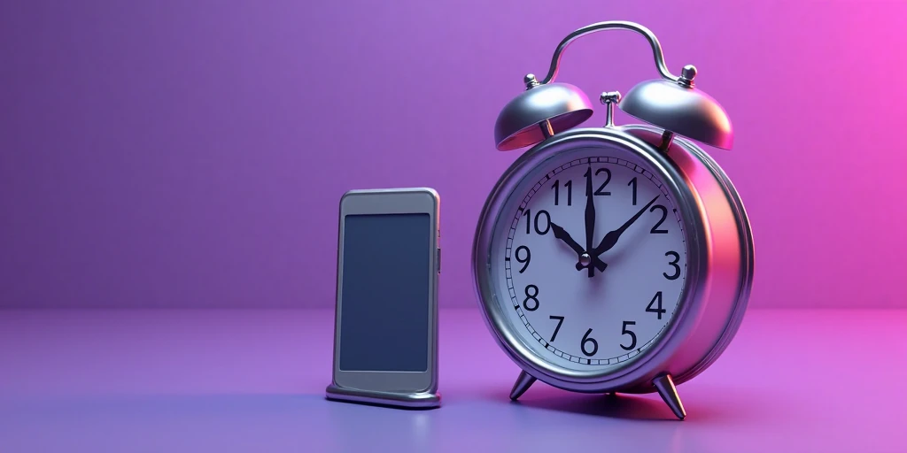picture of working time clock and phone on purple background