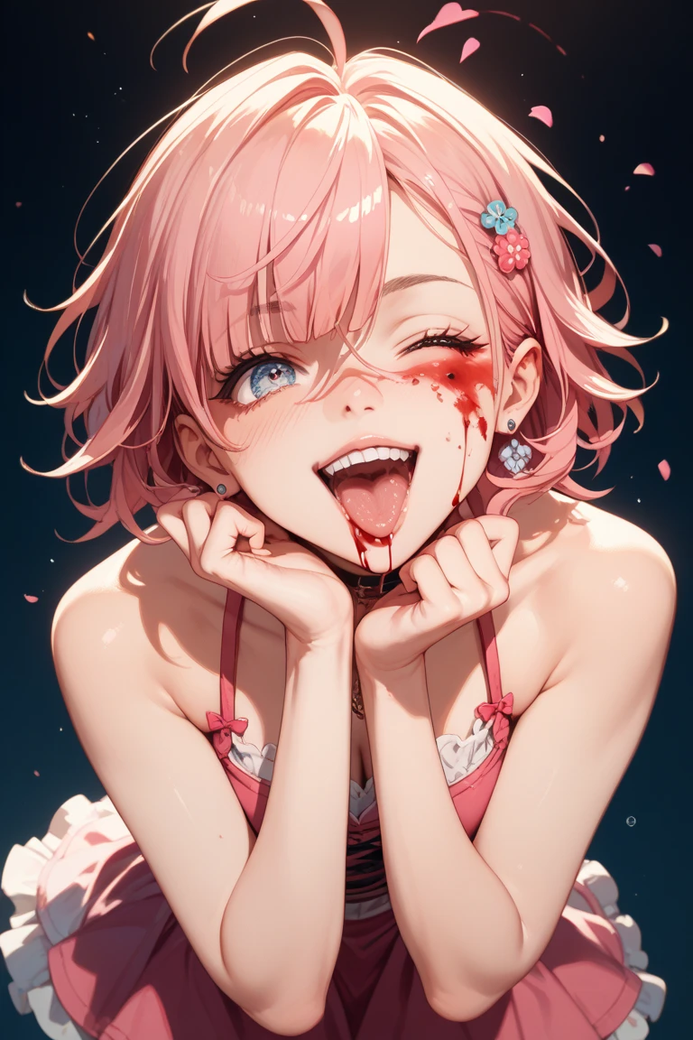 (NFSW:1.6))、(masterpiece), ((最high quality)), (masterpiece,最high quality,Official Art,Highly detailed CG Unity 8k wallpaper)、Beautiful Japanese Women、Face drawn in detail、Smooth Skin、(short pink hair:1.5)、Calm expression、high quality、Realistic、((Hollow Eyes:1.3))、A seductive smile、(Open your mouth and stick out your tongue:1.5)、Looking up at the viewer:1.4、(Saliva:1.9)、((Place one hand over your mouth))、Big Breasts