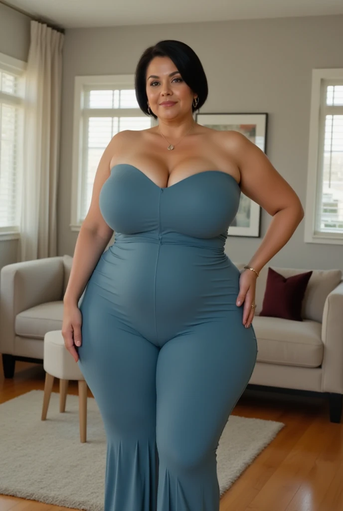 1girl, milf, curvy, tight clothing, cleavage,Santol Color blotchy Chelsea shoes, Café noir ombre Sharp Shoulder Cut, Iridescent Indigo eyes, Nanny Room, Zoned Out face, Hat Pin, Vogue, Tasteful, Sweeping, natural-lighting-effect, next-gen