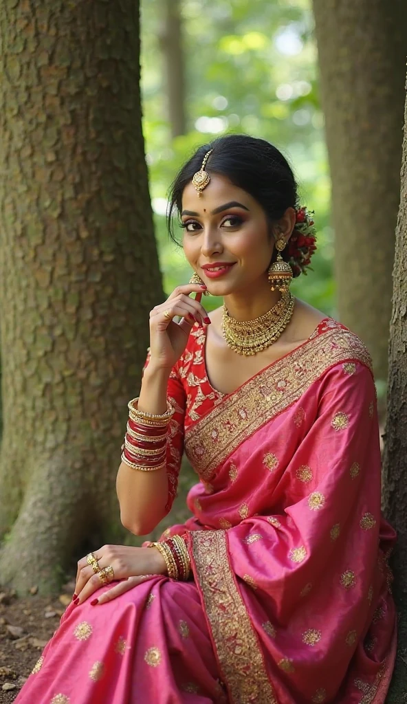 Beautiful woman, pink saree south Indin saree, wearing heavy jewelry, in front of traditional South Indian house ,hill background, dark cloud