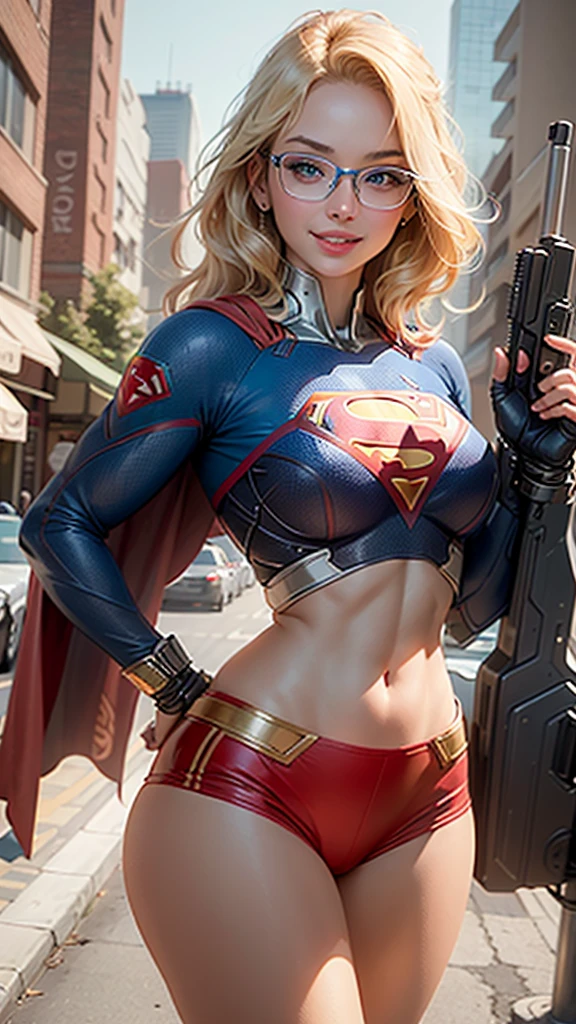 Supergirl body set thick thighs cybernetic body parts, short underwear, blonde with blue eyes, superman S symbol on the chest, detailed face, gorgeous, gorgeous and sexy smile, glasses, holding a gun, view from the back.