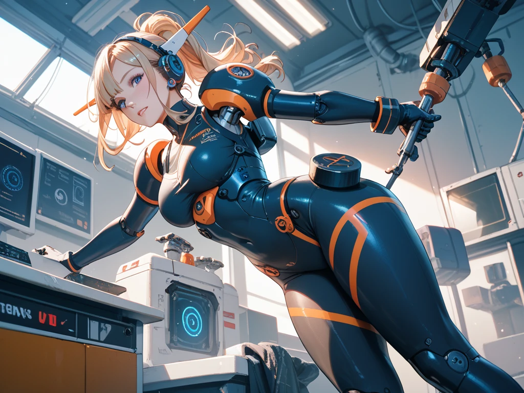 masterpiece, best quality, striking visuals, detailed background, 1girl, anime style, solo, sexy, lewd, samus aran, large breasts, ponytail, hair tie, (toned body), blonde hair, blue eyes, mature woman, (((full body))), (style-swirlmagic:0.9), (steampunk cyborg:0.8), portrait,  looking up, solo, (full body:0.6), detailed background, (<lyco:SteamPunkBundleV3:0.5>, ManyPipesAI theme:1.1) crazed smile,  bright clouds artificer, floating lights, gray mechanical armor , techwear,    war machines on battlefield in background,   steam, industry, engineering,  soot,  gauges,  levers, rivets, automaton, clockwork,  lightning epic atmosphere,, blank expression, <lora:samus-nvwls-v1:0.75>, lounge, dutch angle, evening, stars, summer