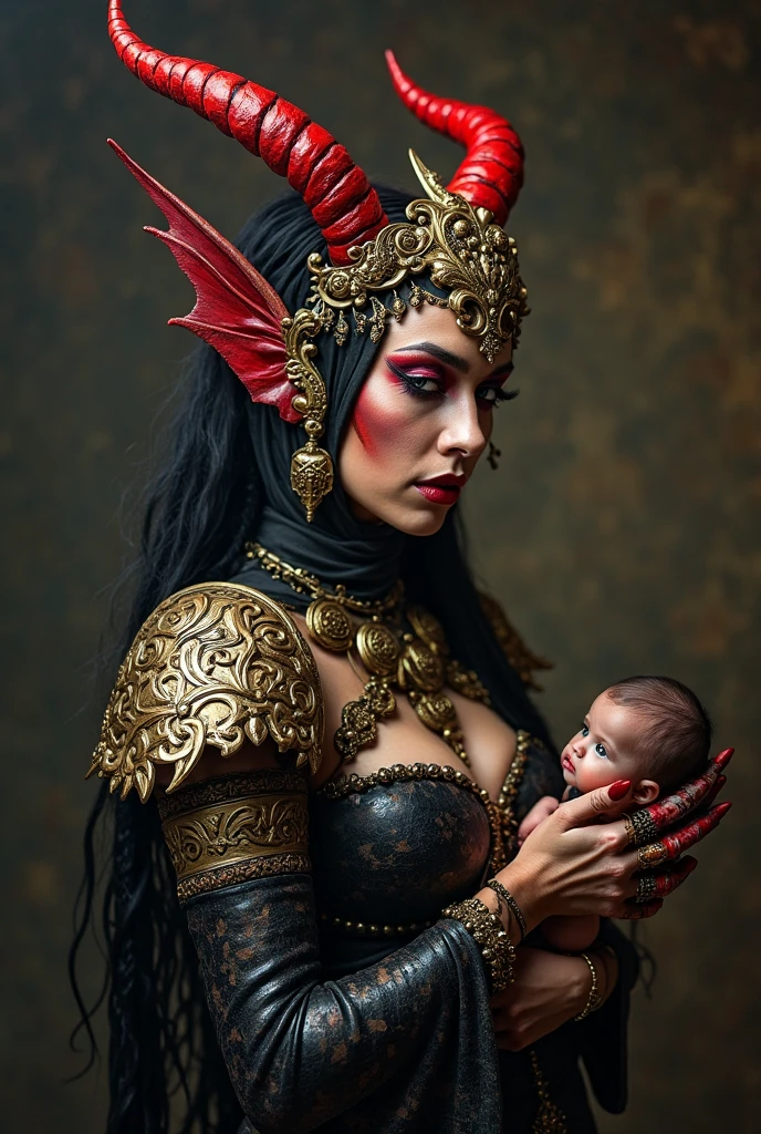 Devils beautiful woman with the baby girl, wearing devils dress, background Hindu