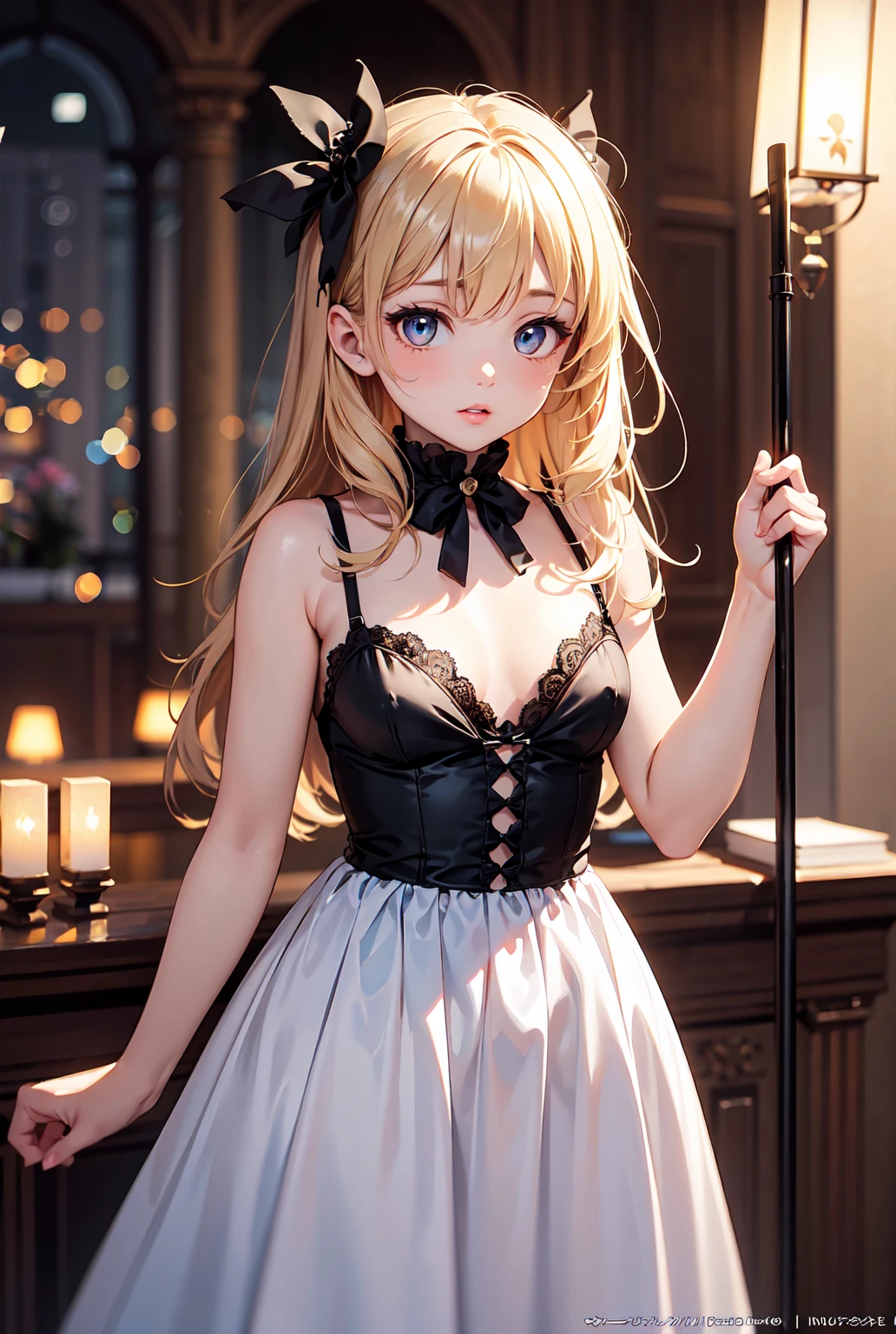 1 girl, short hair, yellow hair, red hat, round eyeglasses, white and blue servant dress, ultra details, ultra high res, 8k, realistic, hello kitty, perfect body, legs are hiding, hands are hiding, red tie,