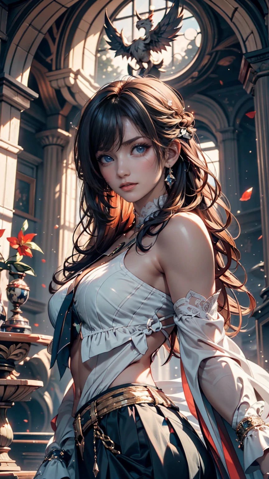 Best Quality, Masterpiece, niji style hight resolution, 1girl,Chinese dress,hair ornament,necklace, Jewelry,beatiful face,UPON_body, Tyndall effect,Photorealistic, dark studio, rim lighting, dual tone lighting,(high skin detail:1.2), 8K UHD, dslr, soft-lighting, hiquality, voluminous lighting, candid, a photo of a, High Resolution, 4k, 8K, bokeh, The environment is blurry and elegant, Model, High contrast required, jewels, earings, Upskirt, Shirt, jacket, brown hair, white shirt, A bracelet, hair bun, single hair bun, long skirt, closed mouth, Hoop earrings, blue jacket, sleeves rolled up, Revealing clothes, makeup, white skirt, Detailed hair, very detailed eyes, 3DDM