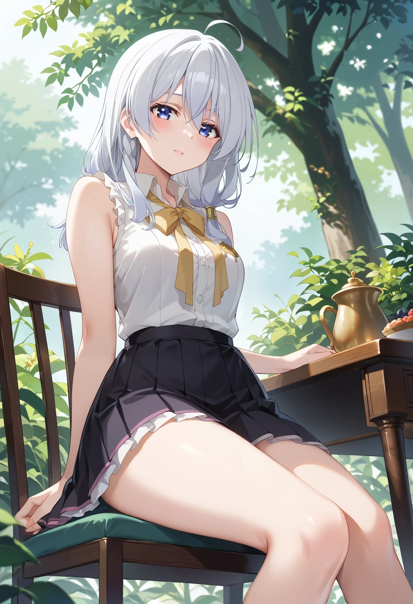 Elaina (Majo no Tabitabi)、white sleeveless shirt、black skirt、thighs、 Silver Hair、1 person、Outdoors、low angle、chair in a half-sleeping position、Ulchan-6500-v1.1, ( RAW photos :1.2), beautiful detailed, very detailedな目 美しい目, beautiful eyes、Blue eyes、large file size, high definition, very detailed, top quality, [masterpiece:1.6], Awareness-raising, very detailed, finely, top quality, 8K wallpaper,  Perfect Body 、very detailed、sex