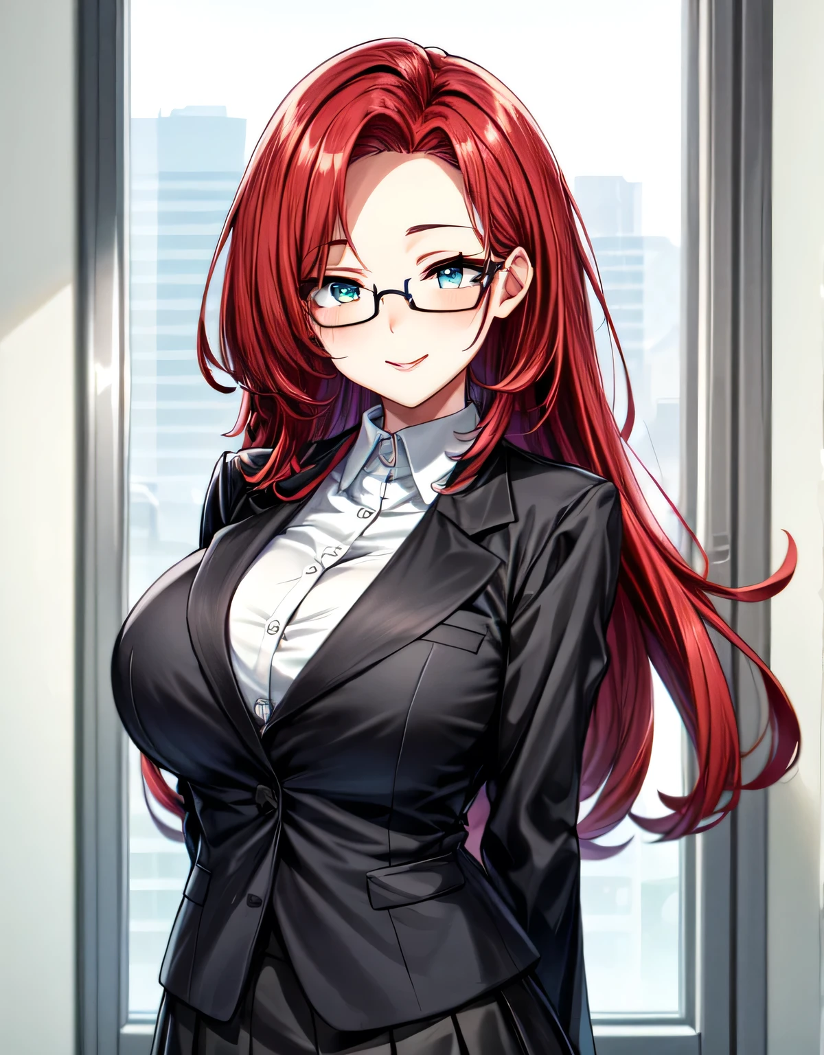 Create the image of a teacher made with anime art Make it a woman Put on a suit and glasses and more curves Put on long hair and a big bust Put on a slight cleavage on the bust and thicker thighs