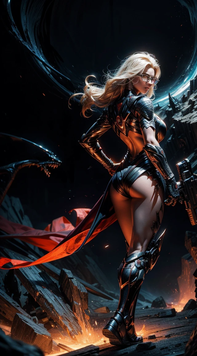 A beautiful young girl with yellow hair, a tight lightning-themed suit, and small breasts, wielding alien thunder weapons in a thunderstorm backdrop, (best quality,4k,8k,highres,masterpiece:1.2),ultra-detailed,(realistic,photorealistic,photo-realistic:1.37),extremely detailed eyes and face,beautiful detailed lips,longeyelashes,lightning effects,dynamic pose,dramatic lighting,vibrant colors,sci-fi,concept art